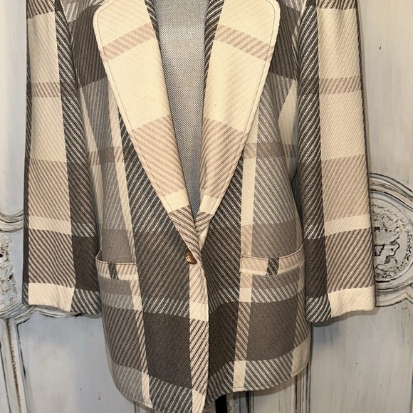 VINTAGE Joyce Sportswear Light Academia Large Neutral Plaid Blazer Jacket Size M - Picture 4 of 12